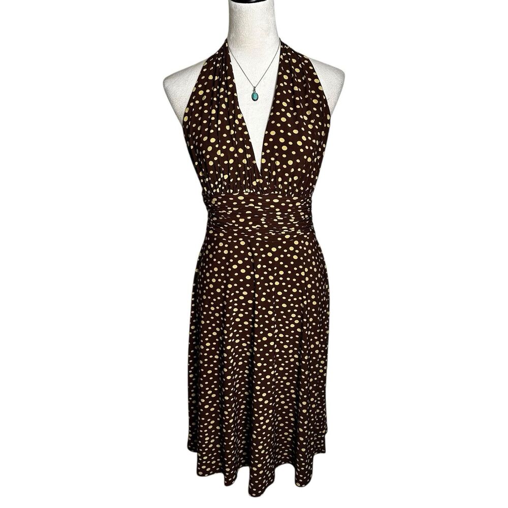 Jones Wear Brown Polka Dot Halter Dress Midi Retro Y2K Pinup Fit Flare